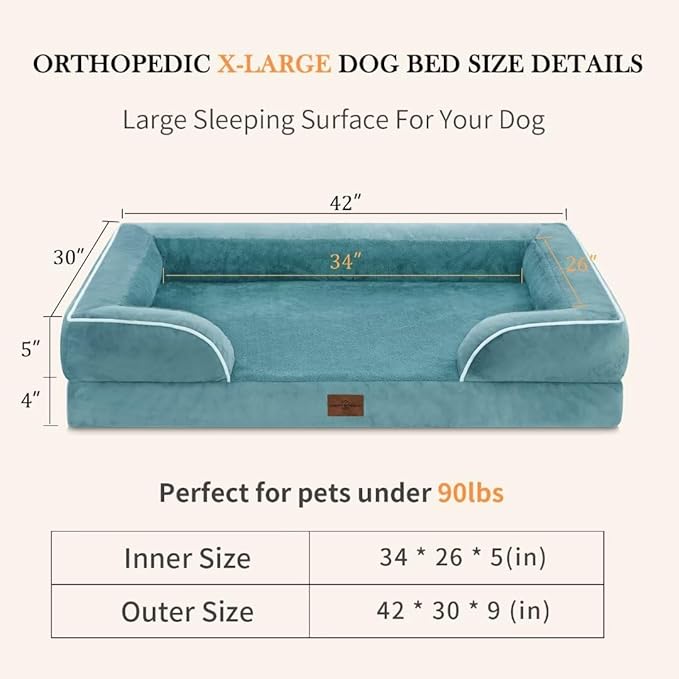 Orthopedic Foam XL Dog Beds Waterproof, Extra Large Dog Bed with Bolster, Washable Dog Bed Sofa Pet Bed with Removable Cover & Non-Slip Bottom(X-Large,Washed Blue)