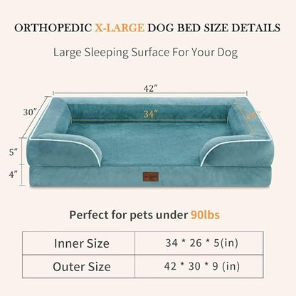Orthopedic Foam XL Dog Beds Waterproof, Extra Large Dog Bed with Bolster, Washable Dog Bed Sofa Pet Bed with Removable Cover & Non-Slip Bottom(X-Large,Washed Blue)