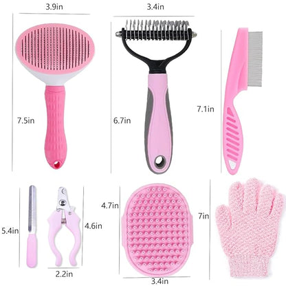 7 PCS Dog Grooming Kits,Pet Shedding Brushï¼_et Self-Cleaning Brush with Pet Nail Clipper, Flea Comb and Shampoo Bath Brush