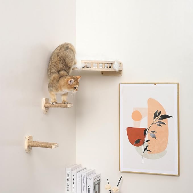 3 Pcs Cat Wall Steps, Cat Shelves and Perches for Wall, Wall-Mounted Cat Climbing Shelf with Hemp Rope Covered, Cat Wall Furniture Steps Set with Scratching Pads for Cats Playing and Climbing (Wood)