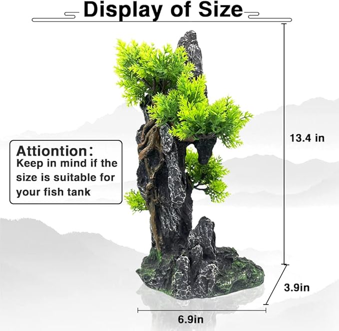 Aquarium Mountain View Stone Ornament Tree Rock Cave - Aquarium Decorations Large and Tall Fish Tank Decorations for Large Fish Tank - 13.4 Inches High