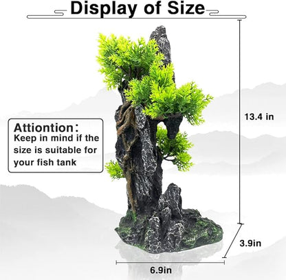 Aquarium Mountain View Stone Ornament Tree Rock Cave - Aquarium Decorations Large and Tall Fish Tank Decorations for Large Fish Tank - 13.4 Inches High