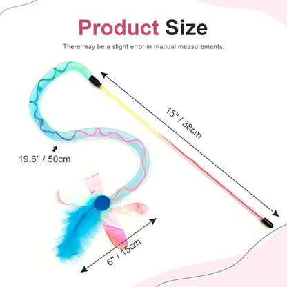 SONGWAY Cat Rainbow Wand Toy - Rainbow Cat Feather Toys with Bells, Colorful Mesh Teaser Wand with Feather Tail, Interactive Toys for Indoor Cats Kittens, Mixed Colors
