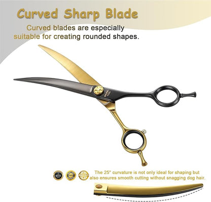 7.5'' Black & Gold Dog Grooming Scissors Set with Comb Curved Thinning Chunker Straight Shears 4PCS in Scissors Bag 440C Stainless Steel Sharp and Durable for Groomers and Beginners