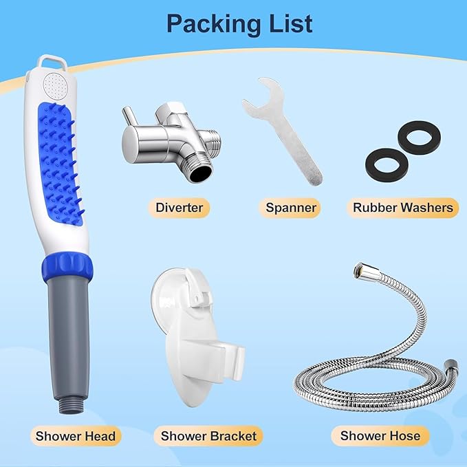 Dog Shower Attachment, Rubber Dog Grooming Bath Brush for Long & Short Haired Dogs and Cats, Pet Hair Scrubber For Washing, Deshedding, Massage, Stainless Steel Shower Hose