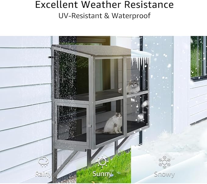 beeNbkks 2 Tiers Bug Proof Cat Catio, Window Cat House with Metal Mesh, Outdoor Enclosure for Indoor Pets, Expandable Wooden Perch, Safe Comfortable Haven for Pets, Keep Bugs Insects Out