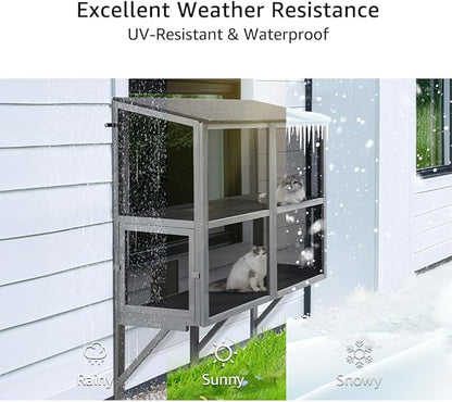 beeNbkks 2 Tiers Bug Proof Cat Catio, Window Cat House with Metal Mesh, Outdoor Enclosure for Indoor Pets, Expandable Wooden Perch, Safe Comfortable Haven for Pets, Keep Bugs Insects Out