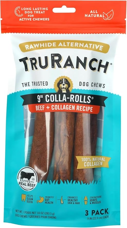 TRURANCH Collagen Rolls - 9" Collagen Rolls for Dogs - Long Lasting Healthy Joint Support Dog Treat - Rawhide Alternative - Skin & Coat Health - Made with Real Beef, 1 Bag, 3 Count