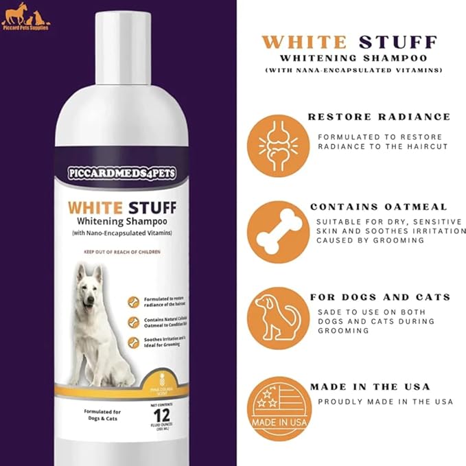 White-Stuff Coat Whitening Shampoo for Dogs & Cats – Gentle Formula for Stain Removal, Fur Brightening & Enhanced Coat Appearance – 12 oz