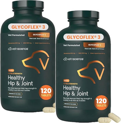 VetriScience Glycoflex 3 Clinically Proven Hip and Joint Supplement for Dogs - Maximum Strength Dog Supplement with Glucosamine, MSM, Green Lipped Mussel & DMG - 2 Pack (120 Chewable Tablets Each)