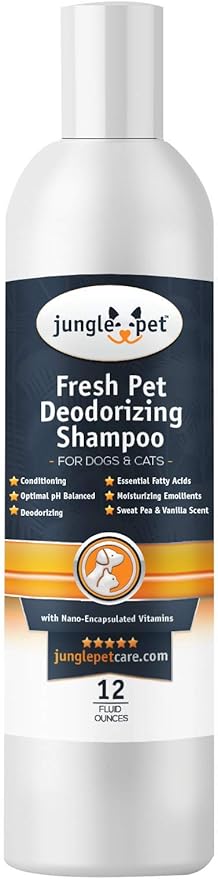 Jungle Pet Deodorizing Dog Shampoo for Smelly Dogs - Grooming & Cleansing Pet Shampoo for Dogs with Hypoallergenic Essential Fatty Acids - Soap, Sulfate & Paraben Free - Sweet Pea Vanilla Scent, 12 oz