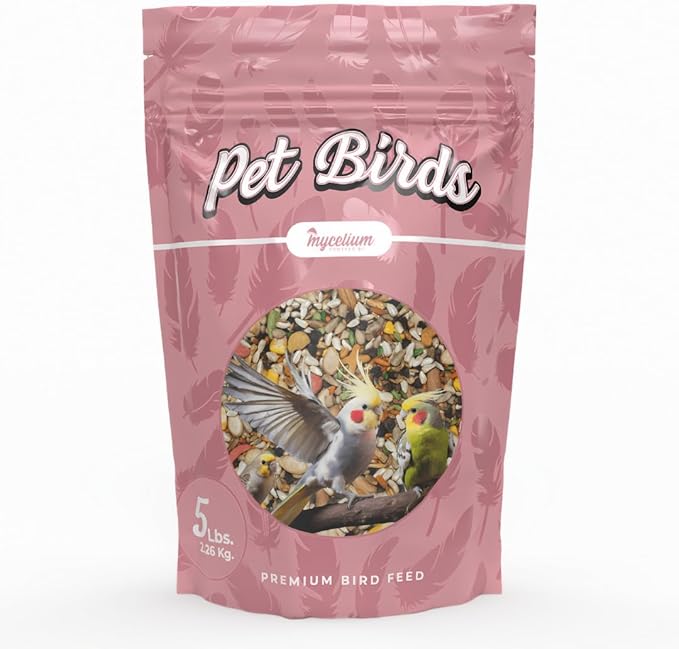 Mycelium Large Pet Bird Food | Clean & Safe Bird Seed Mix for Macaws, Cockatoos, Parrots | High in Protein & Fat with Egg, Corn, Vitamins, Peanuts & Hemp Seed | Organic & Non-GMO 5 lb Bag