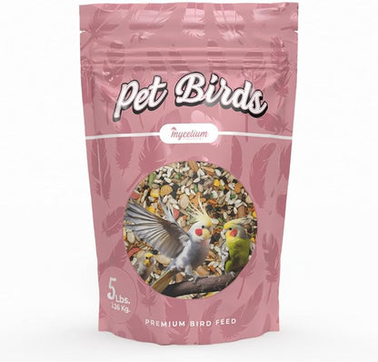 Mycelium Large Pet Bird Food | Clean & Safe Bird Seed Mix for Macaws, Cockatoos, Parrots | High in Protein & Fat with Egg, Corn, Vitamins, Peanuts & Hemp Seed | Organic & Non-GMO 5 lb Bag