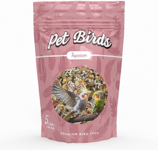 Mycelium Large Pet Bird Food | Clean & Safe Bird Seed Mix for Macaws, Cockatoos, Parrots | High in Protein & Fat with Egg, Corn, Vitamins, Peanuts & Hemp Seed | Organic & Non-GMO 5 lb Bag