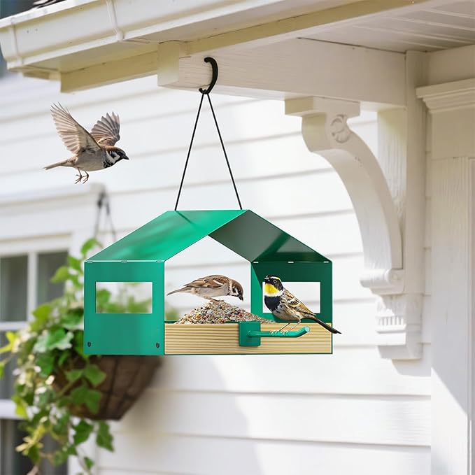 FANHAO Metal Bird Feeder for Outdoors Hanging, Wild Bird Feeder House with Rust-Resistant Mesh, Hanging Platform Bird House Feeder for Attracting Birds, Weatherproof, Easy to Clean & Refill