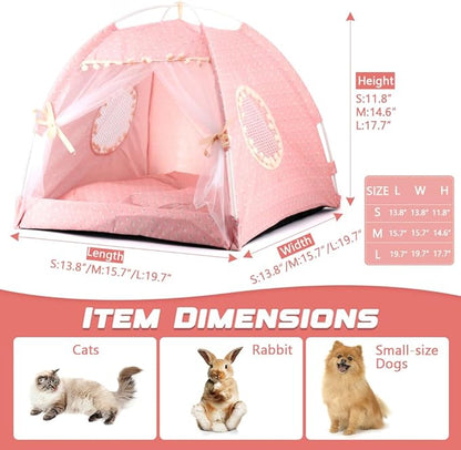 pawstrip Dog Tent Indoor Cat House Pink Puppy Bed Portable Pet Teepe Princess Dog Camping Tent Outdoor Kitten Houses Cute Bunny Nest Girl Kitty Cave (M, Light Pink)