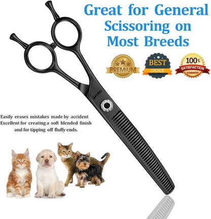7" Professional Curved Thinning Scissors for Dog Grooming Sharp Blades Blending Shears Dog Grooming Scissors Japan 440C Stainless Steel Smooth Motion & Fine Cutting(Black)