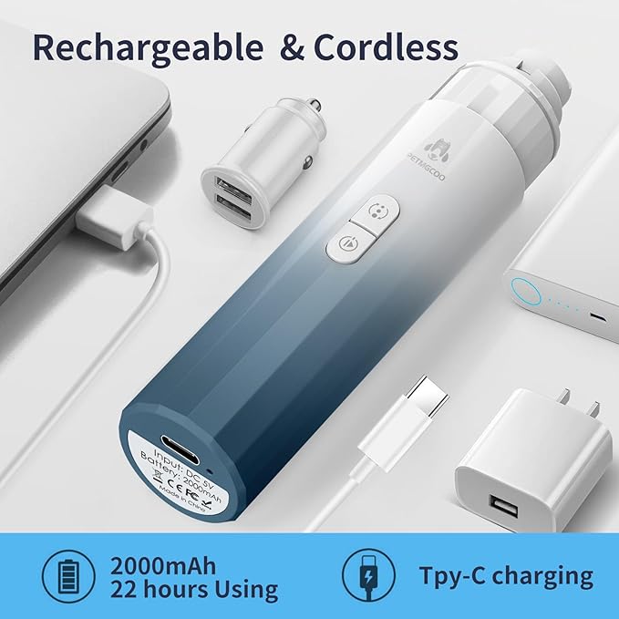 Dog Nail Grinder & Upgrade Professional with 3-Speed Adjustment Super-Quiet and Low-Vibration Pet Nail Trimmers with Forward and Reverse Functions - Safe Pause Button Wireless Type-C Charging