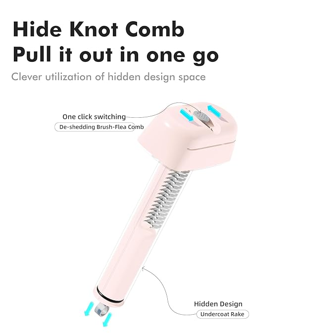3 In 1 Pet Dematting Tool, Dog Flea Lice Combs for Grooming, Undercoat Rake & Dematting Comb for Detangling Matted or Knotted Undercoat Hair, Great for Short or Long-haired Dogs & Cats - Pink