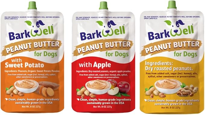 Peanut Butter Squeeze - All-Natural Dog Peanut Butter Dog Treat 3 Pack (24 oz) Sourced and Made in The USA Plus Free Lick Mat. Peanut Butter, Sweet Potato and Apple. 100% Natural