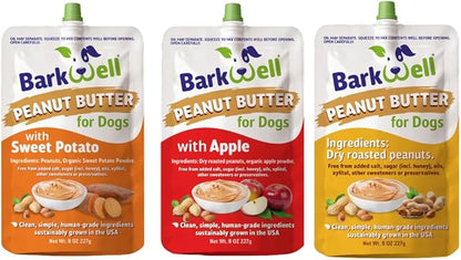 Peanut Butter Squeeze - All-Natural Dog Peanut Butter Dog Treat 3 Pack (24 oz) Sourced and Made in The USA Plus Free Lick Mat. Peanut Butter, Sweet Potato and Apple. 100% Natural