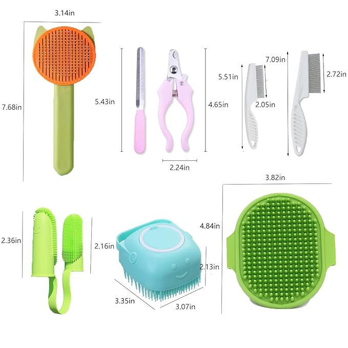 10PCS Cat & Dog Grooming Kit, Self-Cleaning Brush Removes Loose Hair, Pet Bath Brush, Massage Glove, Nail Clipper, Flea Comb