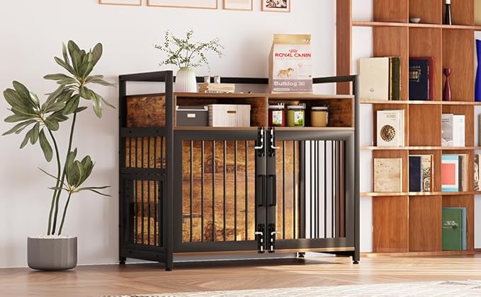 41 Inch Large Dog Crate Furniture for Large Dogs, Heavy Duty Kennel with 2 Drawers Storage, 360° Adjustable Raised Feeder, Wooden Dog Cage Indoor House End Table for Dogs