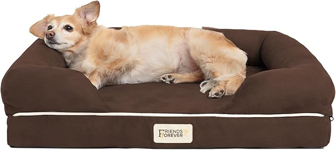 Friends Forever Small Dog Bed, Orthopedic Dog Sofa Memory Foam Mattress, Calming Dog Couch Bed, Wall Rim Pillow, Water Resistant Liner, Washable Cover, Non-Slip Bottom, Chester, Small Cocoa Brown