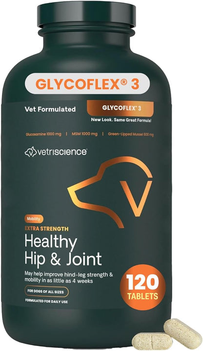 VetriScience Extra Strength Healthy Hip & Joint Chewable Tablets, GlycoFlex Glucosamine and Green-Lipped Mussel Joint Support Supplement for Dogs, Soothe Joint Discomfort, Chicken, 120 Count