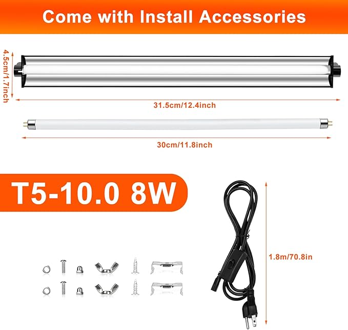 8W T5 10.0 UVB Reptile Light Fixture 12" – High Output UVA UVB Light for Bearded Dragons, Turtles & Snakes – Compact UVB Lamp for Desert & Tropical Reptiles (UVB 10.0-Desert, 12INCH-8W)