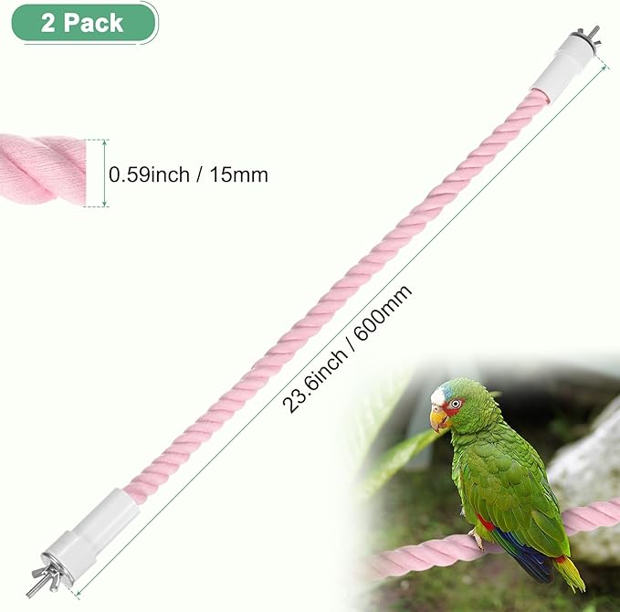 2-Pack Rope Perches for Bird Cages, 23.6 in Length Comfort Grip Flexible Rope Perch Beak & Paw Grinding for Parrots/Cockatiels/Parakeets, Bird Platform Sand [Pink]