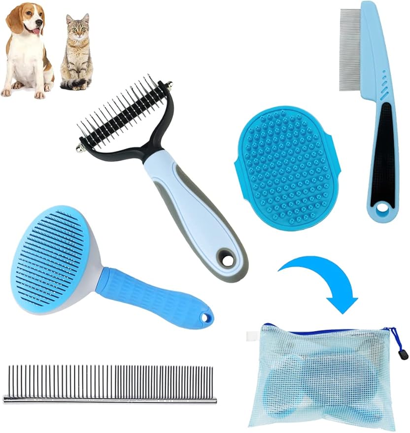 Dog Grooming Kit - 5 Pieces: Slicker Brush, Shedding Brush, Puppy Brush, Flea Comb, and Detangler Hair Brush Set in Blue