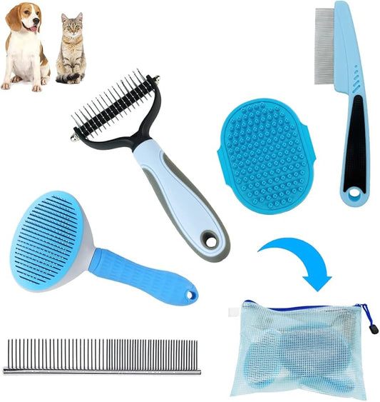Dog Grooming Kit - 5 Pieces: Slicker Brush, Shedding Brush, Puppy Brush, Flea Comb, and Detangler Hair Brush Set in Blue