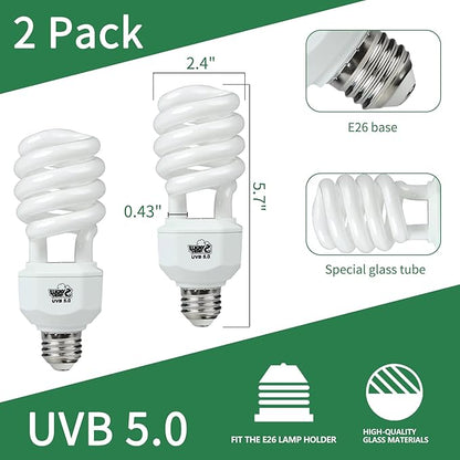 LUCKY HERP 2 Pack UVA UVB Reptile Light, 23W 5.0 UVB Bulb for Tropical and Sub Tropical Reptiles, Compact Fluorescent Terrarium Lamp, Reptile UVB Bulb for Chameleons, Lizard, Turtle