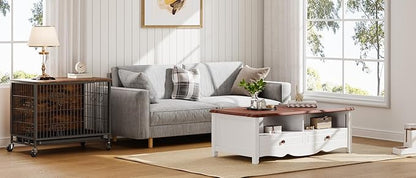 Large Dog Crate Furniture, 38.6" L x 25.6" W x 26.8" H, Indoor Pet Crate with Double Doors, Removable Tray and 360° Wheels, Wooden Countertop Dog Kennel, Brown&Black