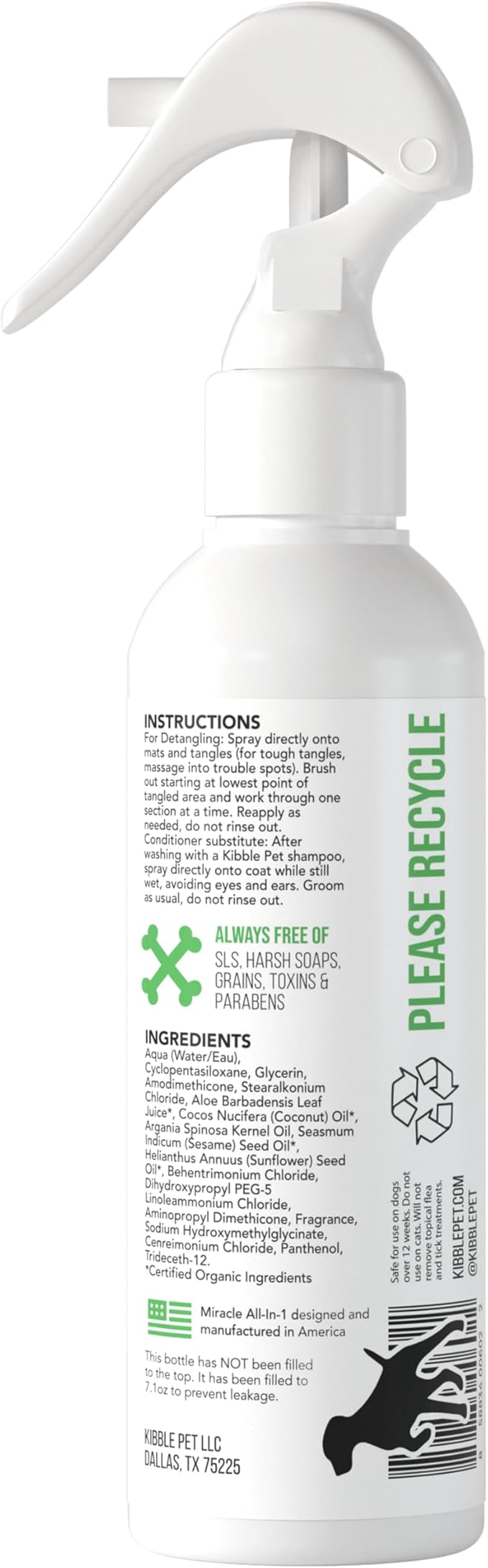 Pet Grooming Detangler Spray, Hydrates & Softens Coat, Hair Tangle & Mat Remover, Deodorizer, Aloe Vera Honey Scent, Hypoallergenic, Sensitive Skin Safe, Made in The USA, 7.1 oz