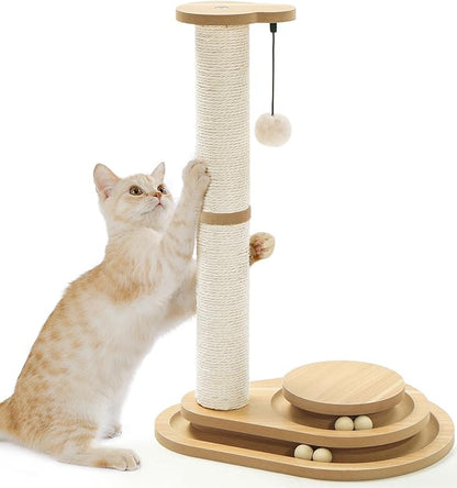 Made4Pets Cat Scratching Post Cat Scratcher Kitten Toys for Indoor Cats Wooden Ball Track Two-Layer Modern Sisal 23.4" Tall Scratch Post Interactive Toy with Dangling Ball Middle Size