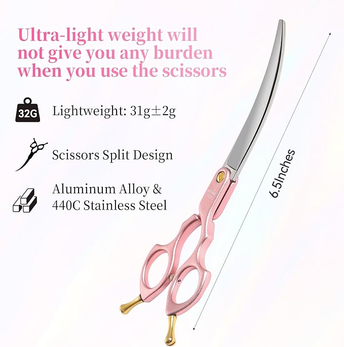 6.5'' Small Curved Dog Grooming Scissors Pink Professional Trimming Shears with Ultra-Lightweight Offset Handle CNC 440C Stainless Steel Blades Pet Scissors for Face and Paws
