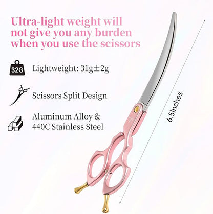 6.5'' Small Curved Dog Grooming Scissors Pink Professional Trimming Shears with Ultra-Lightweight Offset Handle CNC 440C Stainless Steel Blades Pet Scissors for Face and Paws