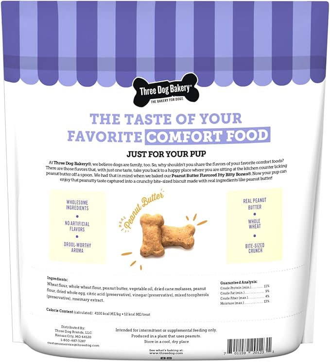 Three Dog Bakery Itty Bitty Bones Baked Dog Treats, Peanut Butter, 32 oz, (320123)