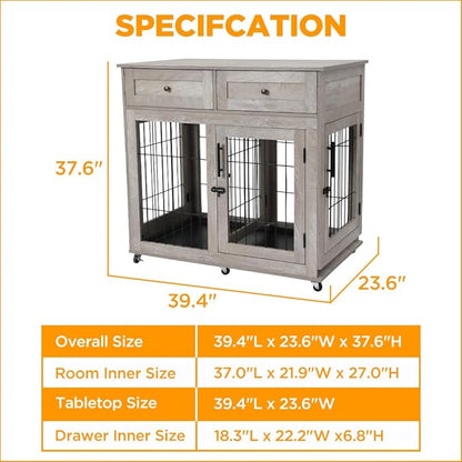 Double Dog Crate Furniture with 2 Drawers,Wooden Dog Crate End Table,2 Dogs Wooden Dog Cage Dog House for Small/Medium/Large