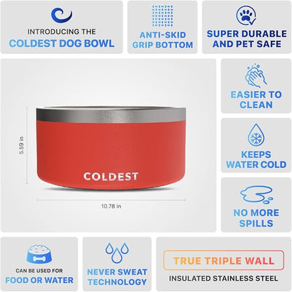 Coldest Dog Bowl - Anti Rust Metal, Non Slip, 3 Layers Insulated Stainless Steel Dog Bowls - Spill Proof & Heavy Duty - Water Bowl for Dogs, Cats & Pets, Dish Washer Safe (200 oz, Crimson Red)
