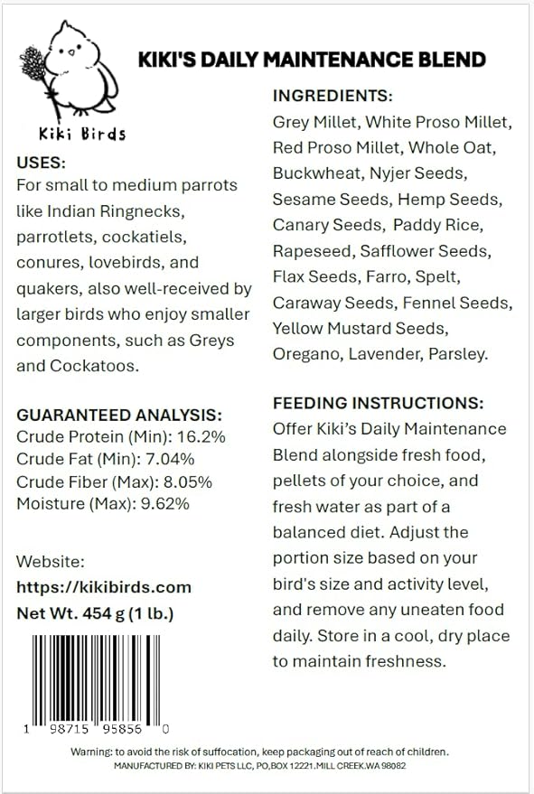 Premium Parrot Food| Protein-Rich Low-Fat Formula | Cockatiel, Conure, Lovebird, Quaker, Parrotlet | No Corn, Soy, Peanuts | Gourmet Whole Grains & Seeds | Daily Maintenance Blend (1 lb)