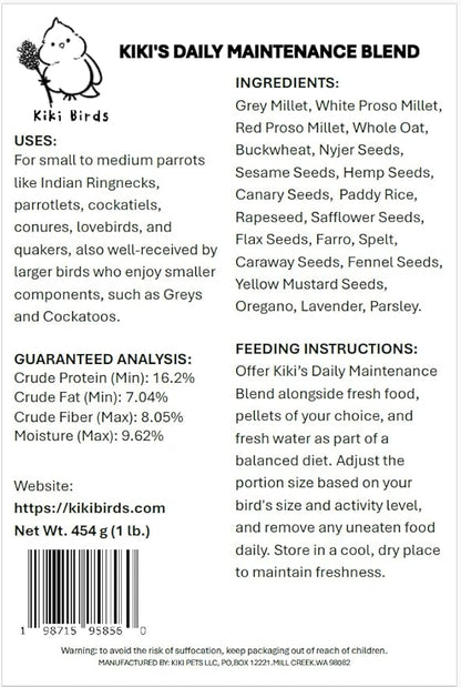 Premium Parrot Food| Protein-Rich Low-Fat Formula | Cockatiel, Conure, Lovebird, Quaker, Parrotlet | No Corn, Soy, Peanuts | Gourmet Whole Grains & Seeds | Daily Maintenance Blend (1 lb)