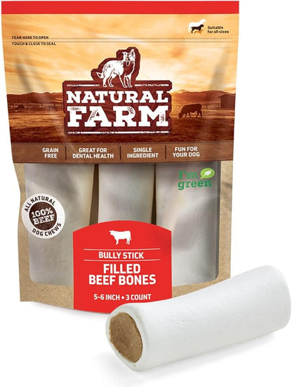 Natural Farm Filled Dog Bones, Bully Stick Flavor (5-6 Inch, 3 Pack), Limited Ingredient Stuffed Dental Dog Bone Treats for Large Dogs