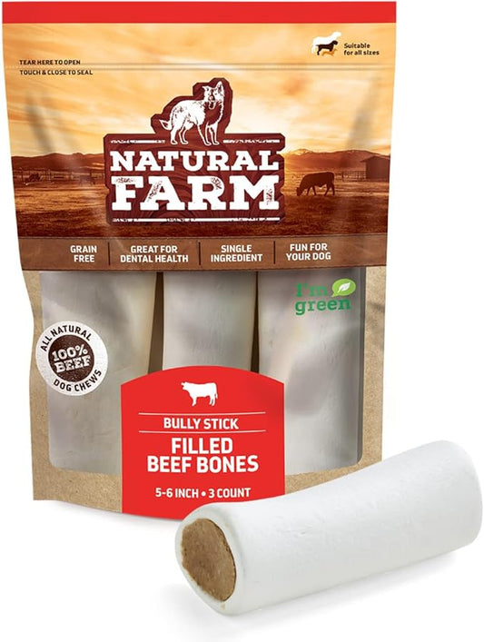 Natural Farm Filled Dog Bones, Bully Stick Flavor (5-6 Inch, 3 Pack), Limited Ingredient Stuffed Dental Dog Bone Treats for Large Dogs