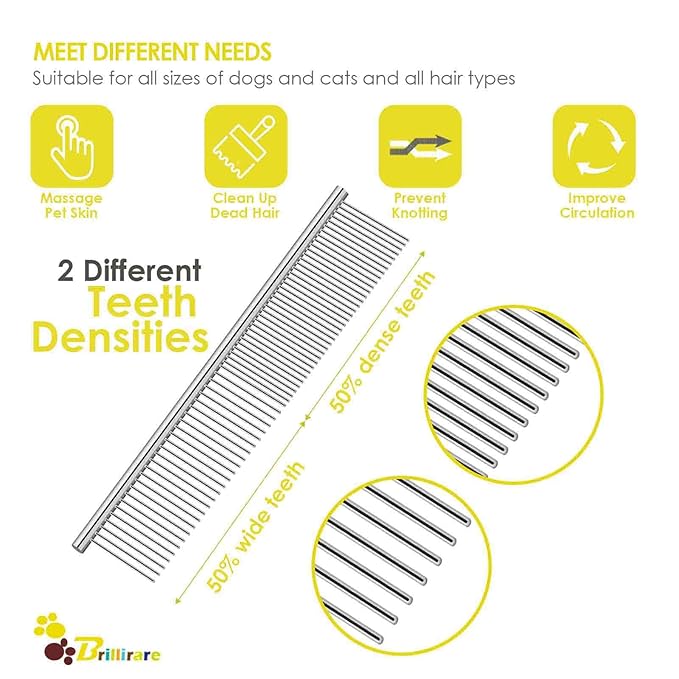 Dog Grooming Comb Pet, Stainless Steel Cat Combs with Rounded Teeth, Professional Metal Tear Stain Remover, Dematting Tool for Small, Medium & Large Pets-7.5in