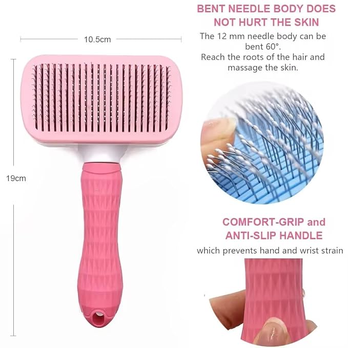 Pink Cat grooming brush, Pet hair brush with Massage Particles, Self Cleaning Dematting Comb for Dogs and Cats, Easy to Use, Ergonomic Handle Design