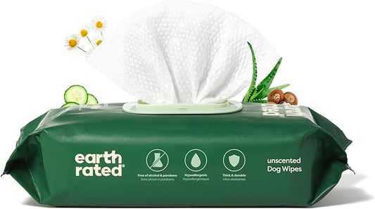 Earth Rated Pet Grooming Wipes for Dogs and Cats, Hypoallergenic, Cleaning and Hydrating, for Paws, Body and Butt, Unscented, 100 Count