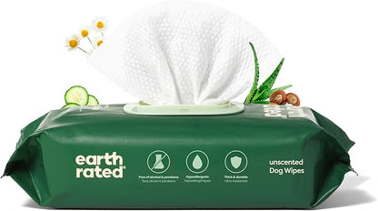 Earth Rated Pet Grooming Wipes for Dogs and Cats, Hypoallergenic, Cleaning and Hydrating, for Paws, Body and Butt, Unscented, 100 Count